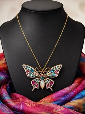 Brooch or Pendant Multicolor Glass Stone Butterfly Gold Tone
